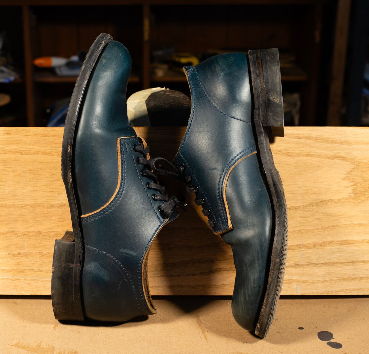 Photo by davecorey on December 4, 2025 of the Oldspeed MFG Shoe in Horween Navy Chromexcel Strips.