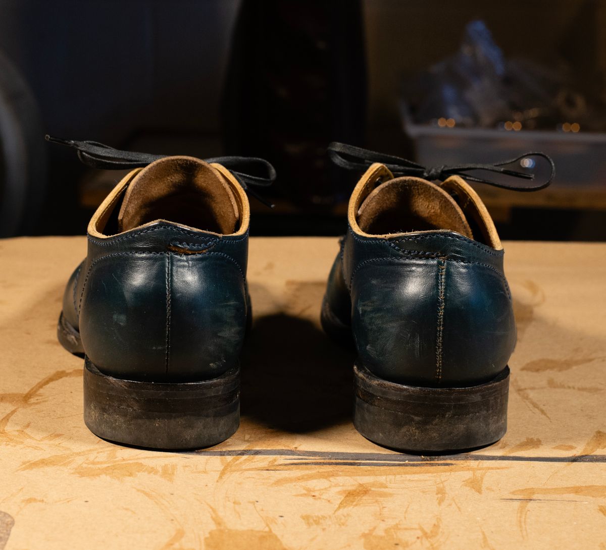 Photo by davecorey on January 6, 2026 of the Oldspeed MFG Shoe in Horween Navy Chromexcel Strips.