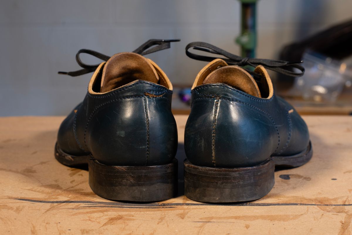 Photo by davecorey on February 4, 2026 of the Oldspeed MFG Shoe in Horween Navy Chromexcel Strips.