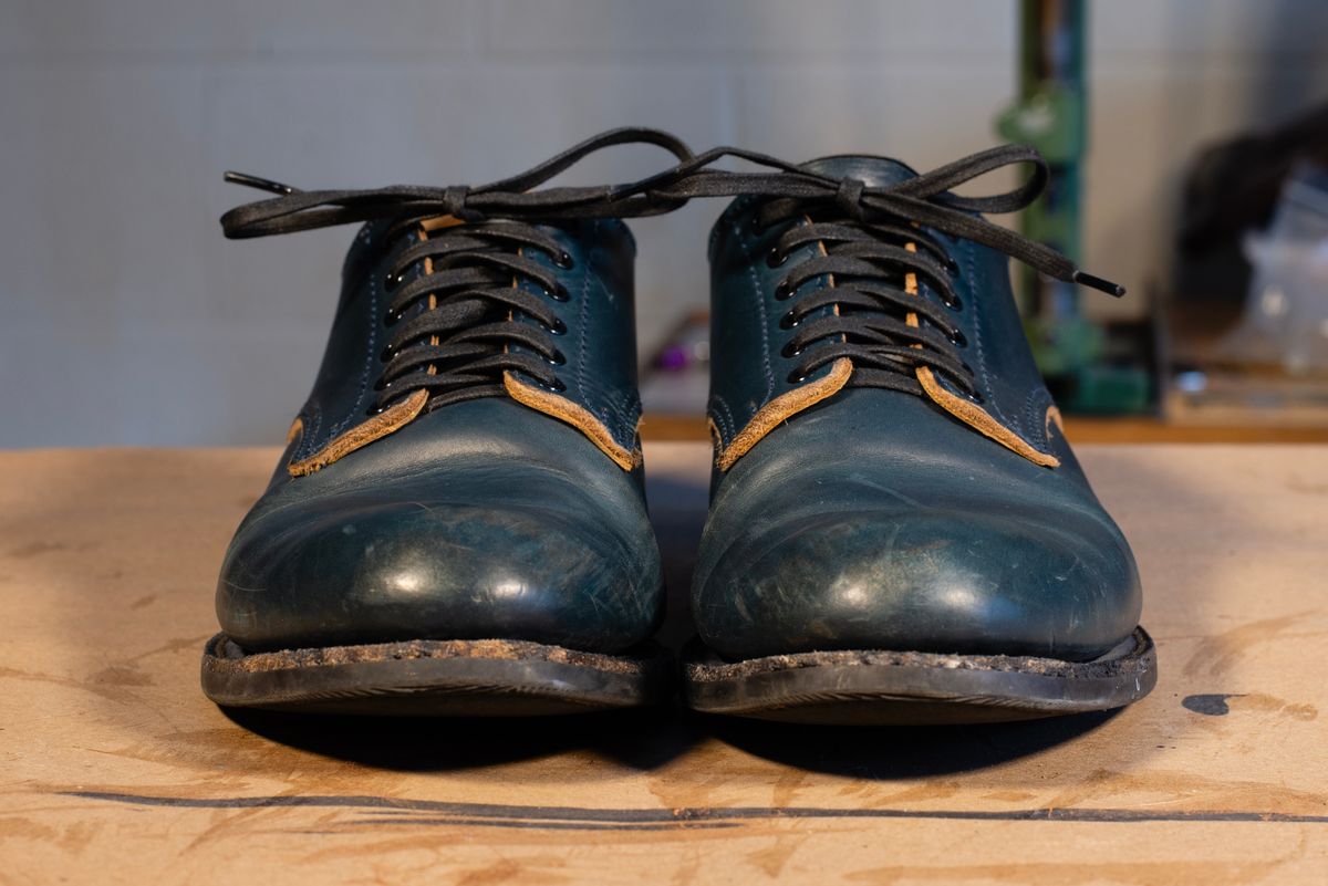 Photo by davecorey on February 4, 2026 of the Oldspeed MFG Shoe in Horween Navy Chromexcel Strips.