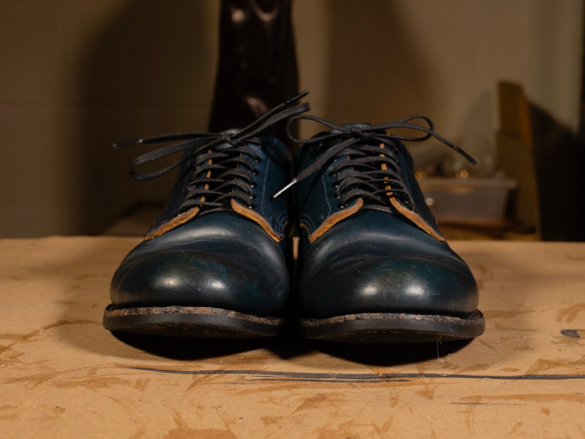 Photo by davecorey on March 5, 2026 of the Oldspeed MFG Shoe in Horween Navy Chromexcel Strips.