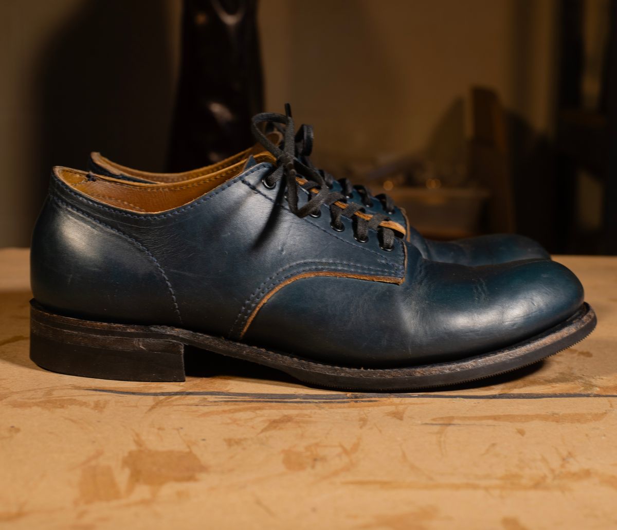 Photo by davecorey on March 5, 2026 of the Oldspeed MFG Shoe in Horween Navy Chromexcel Strips.