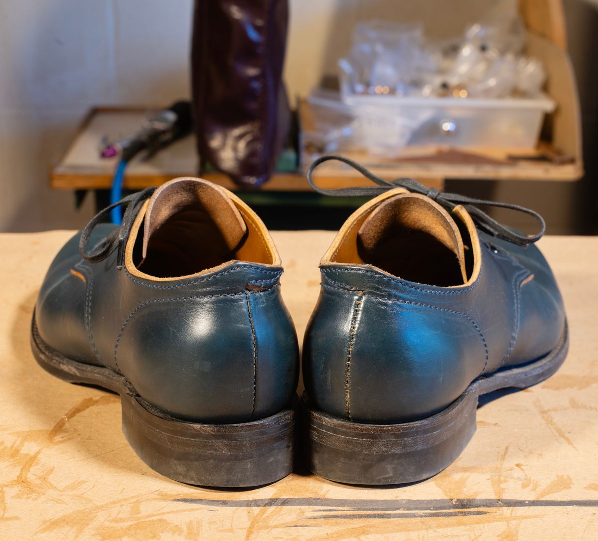 Photo by davecorey on April 2, 2026 of the Oldspeed MFG Shoe in Horween Navy Chromexcel Strips.