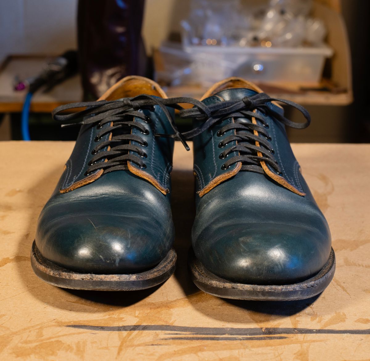 Photo by davecorey on April 2, 2026 of the Oldspeed MFG Shoe in Horween Navy Chromexcel Strips.