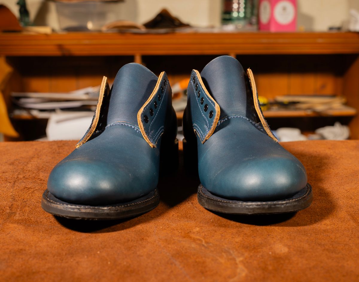 Photo by davecorey on October 3, 2025 of the Oldspeed Shoe in Horween Navy Chromexcel Strips.