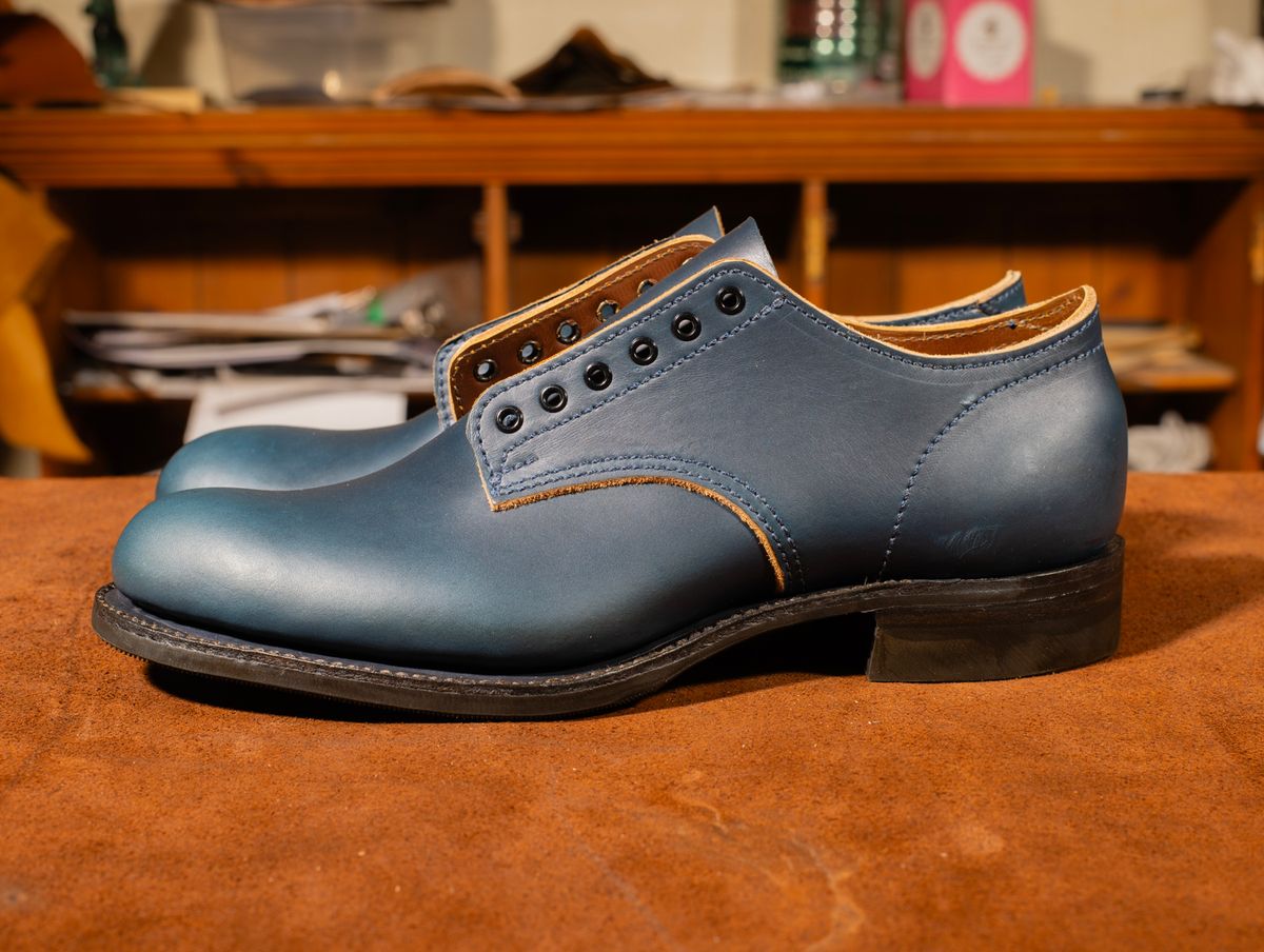 Photo by davecorey on October 3, 2025 of the Oldspeed Shoe in Horween Navy Chromexcel Strips.