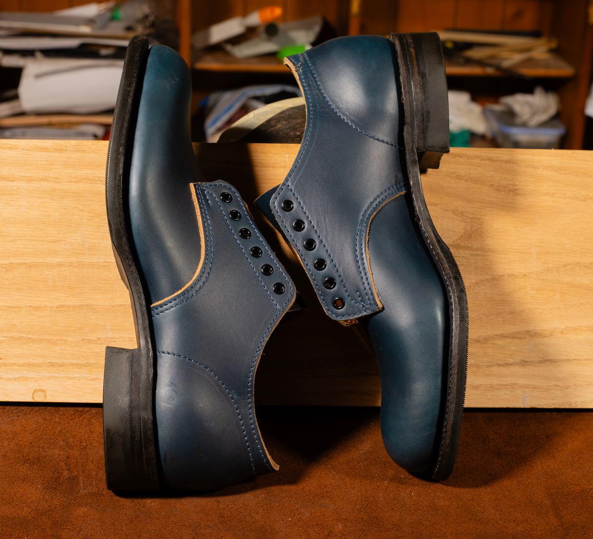 Photo by davecorey on October 3, 2025 of the Oldspeed Shoe in Horween Navy Chromexcel Strips.
