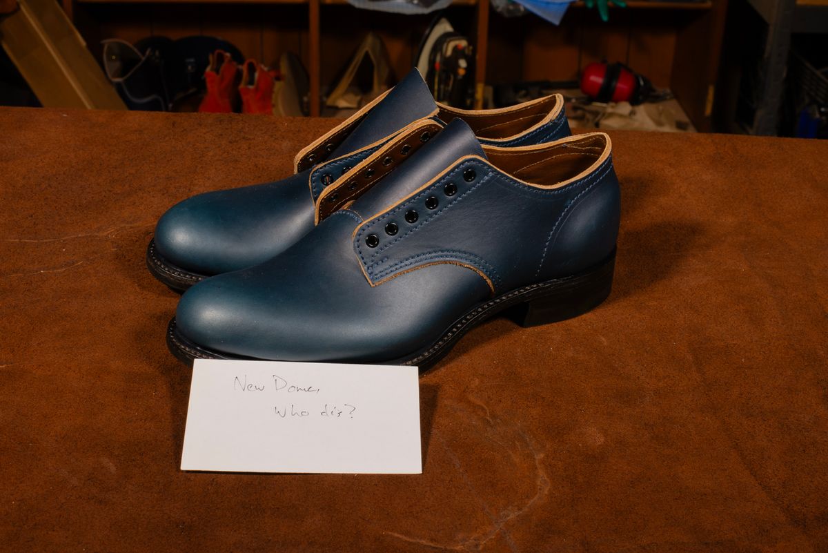 Photo by davecorey on October 3, 2025 of the Oldspeed Shoe in Horween Navy Chromexcel Strips.
