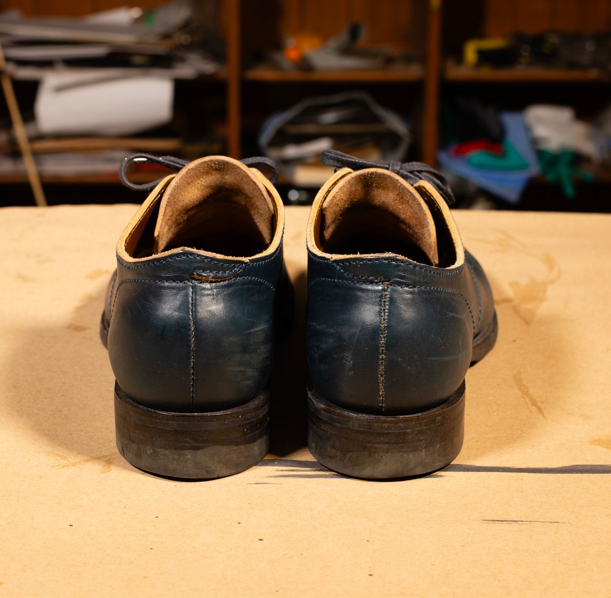 Photo by davecorey on November 4, 2025 of the Oldspeed MFG Shoe in Horween Navy Chromexcel Strips.