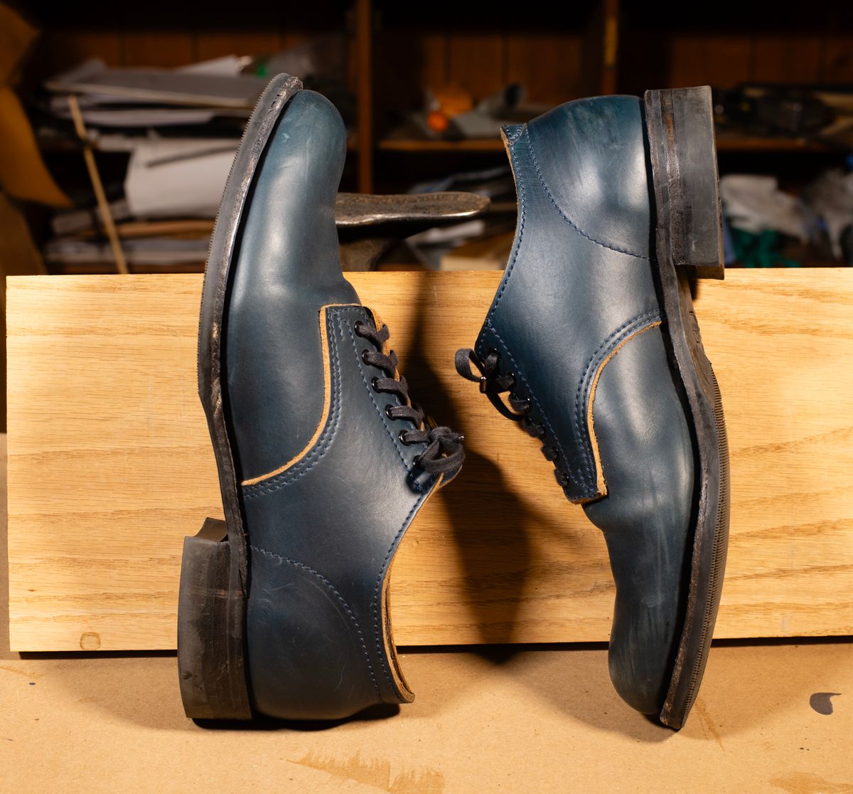 Photo by davecorey on November 4, 2025 of the Oldspeed MFG Shoe in Horween Navy Chromexcel Strips.
