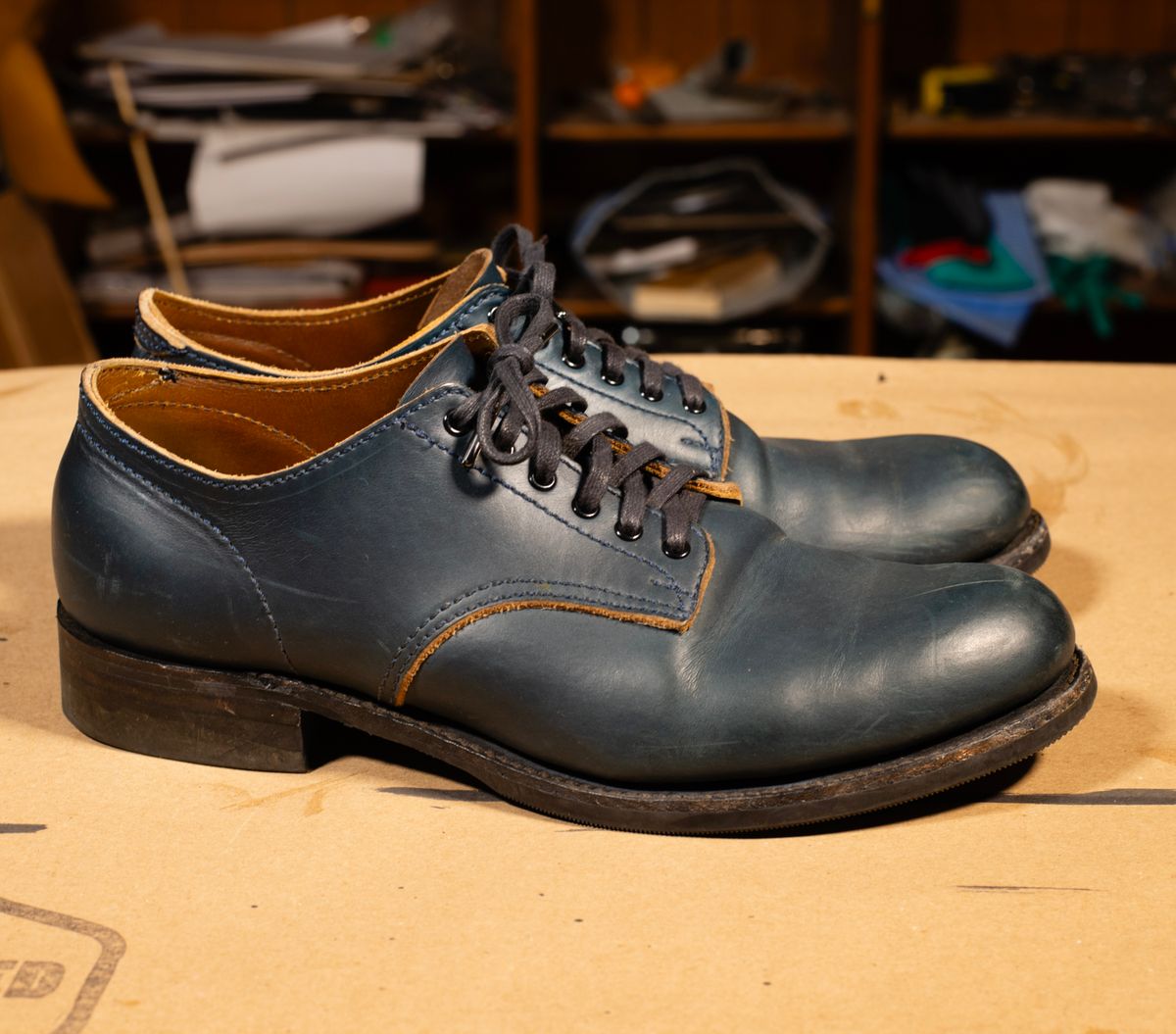 Photo by davecorey on November 4, 2025 of the Oldspeed MFG Shoe in Horween Navy Chromexcel Strips.