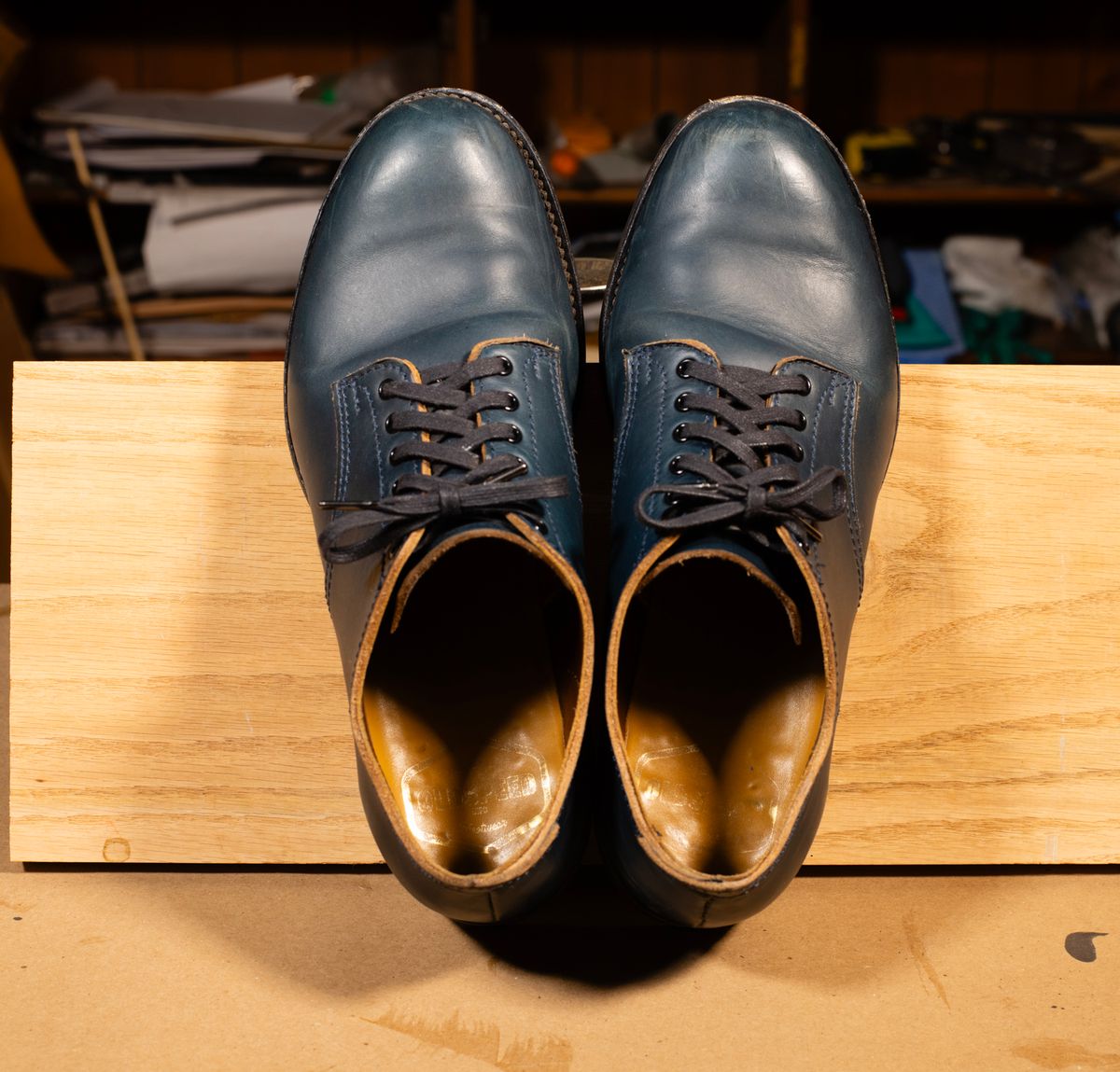 Photo by davecorey on November 4, 2025 of the Oldspeed MFG Shoe in Horween Navy Chromexcel Strips.