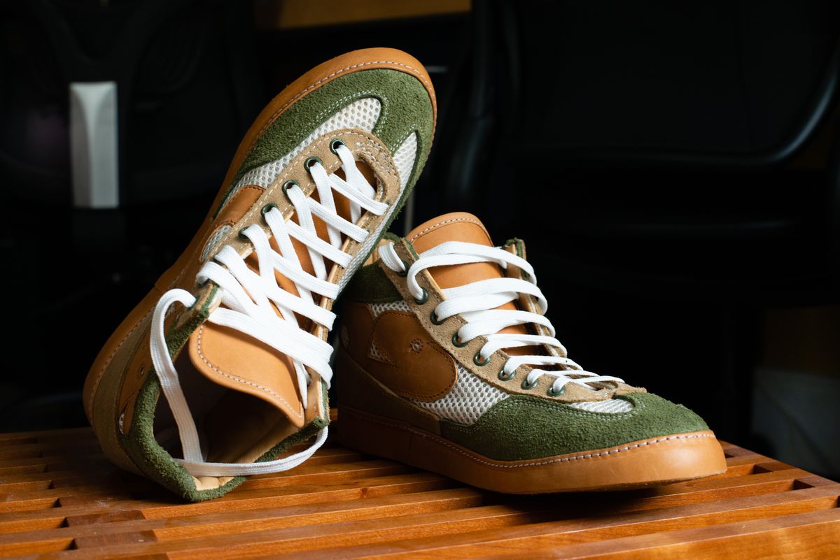Photo by davecorey on April 13, 2024 of the Oldspeed Sneaker Prototype in Horween Tan Latigo & Avocado Suede.