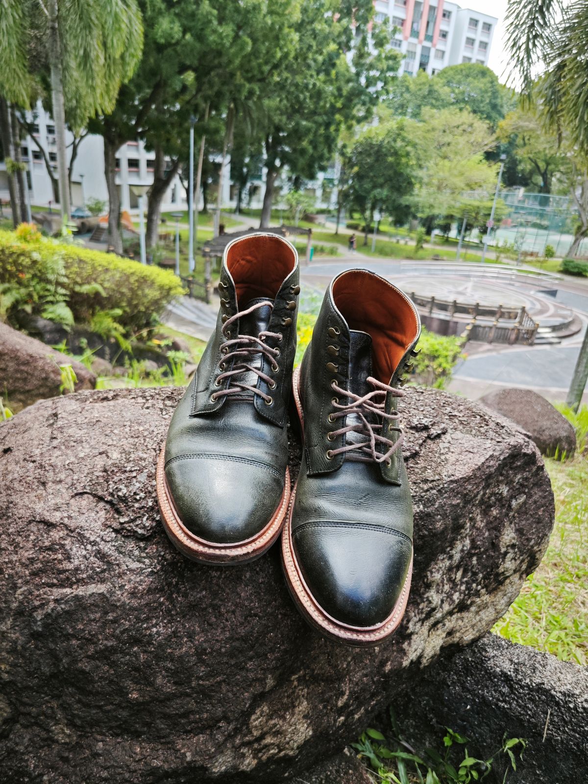 Photo by iMail on February 2, 2024 of the Grant Stone Cap Toe Boot in C.F. Stead Forest Kudu.