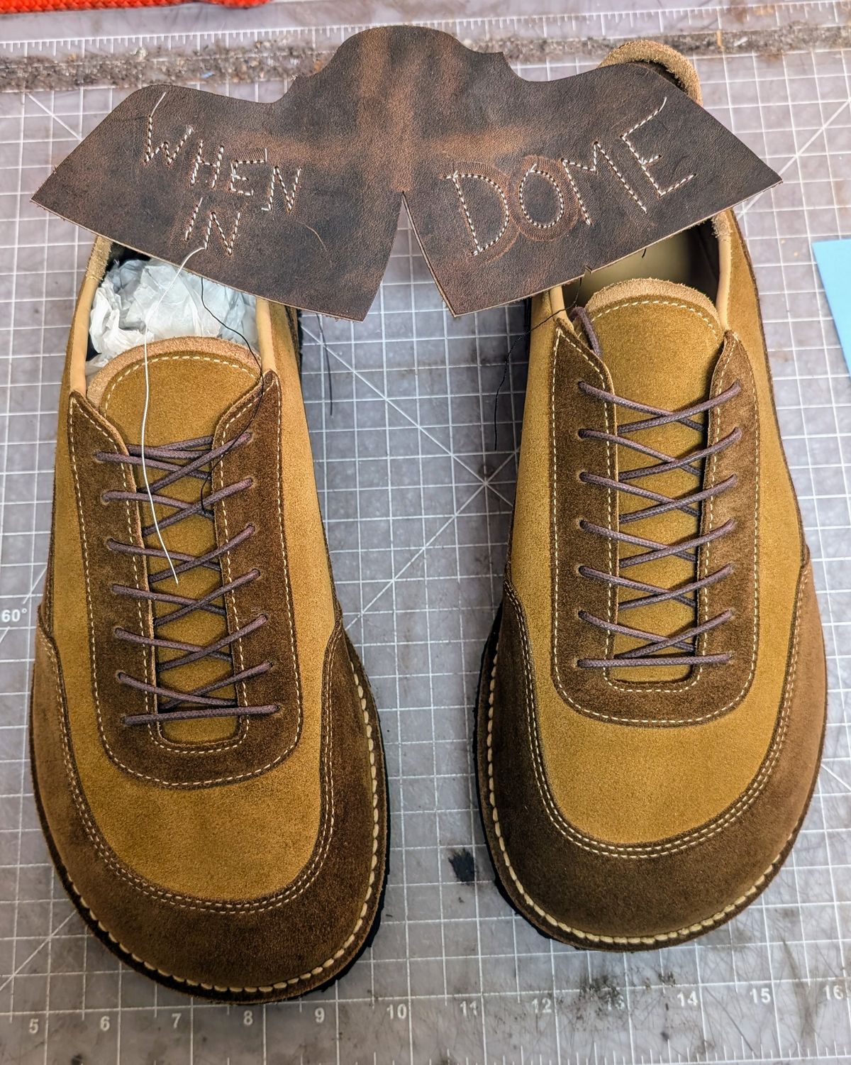 Photo by andrewturriff on November 6, 2024 of the Turriff Functional Footwear C-02 Anatomical Outdoor Shoe in Cf Stead Repello Calf Suede Mix (Autumn Gold, Cola).