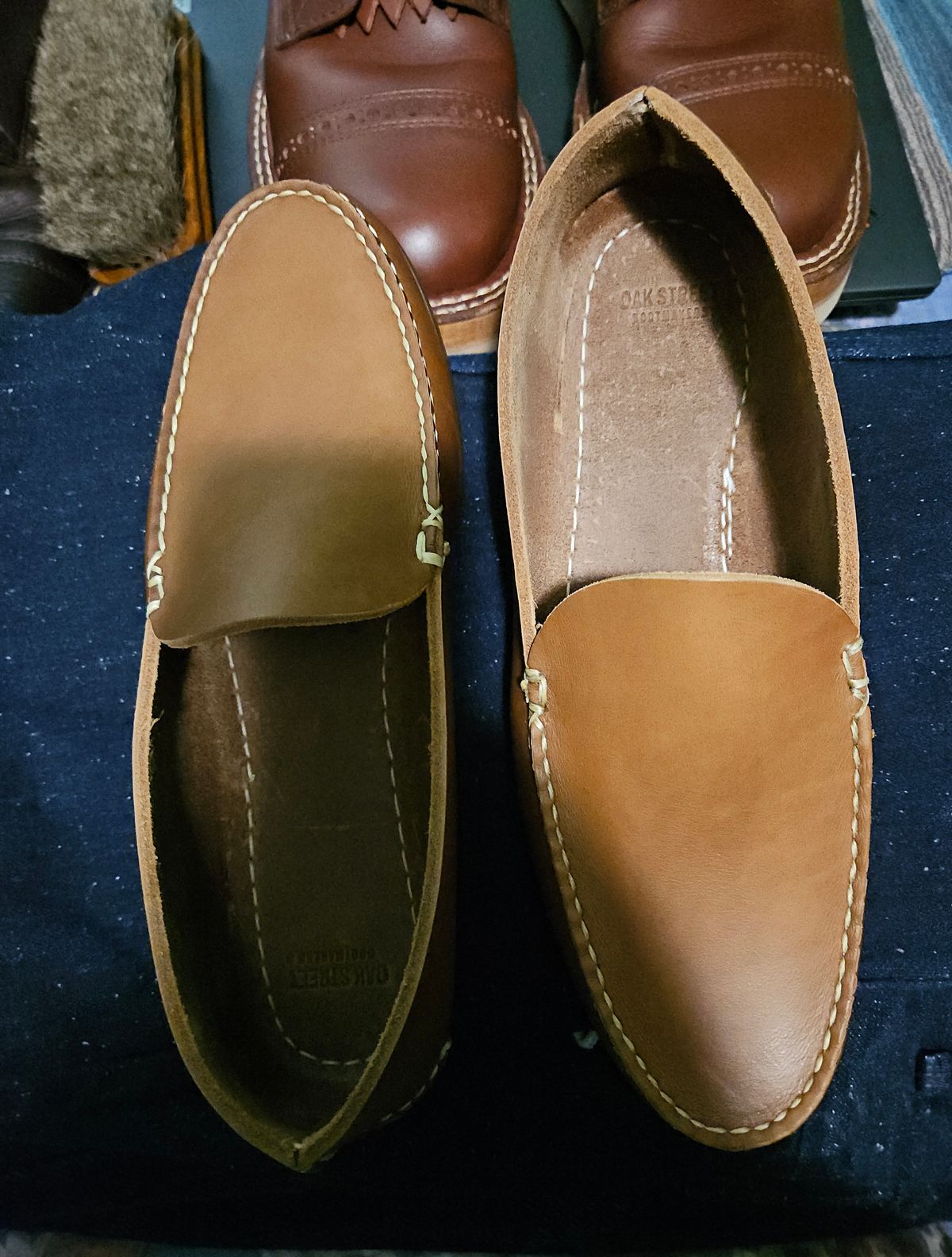 Photo by greypineapple on July 18, 2024 of the Oak Street Bootmakers Slip Moc in Horween Natural Chromexcel.