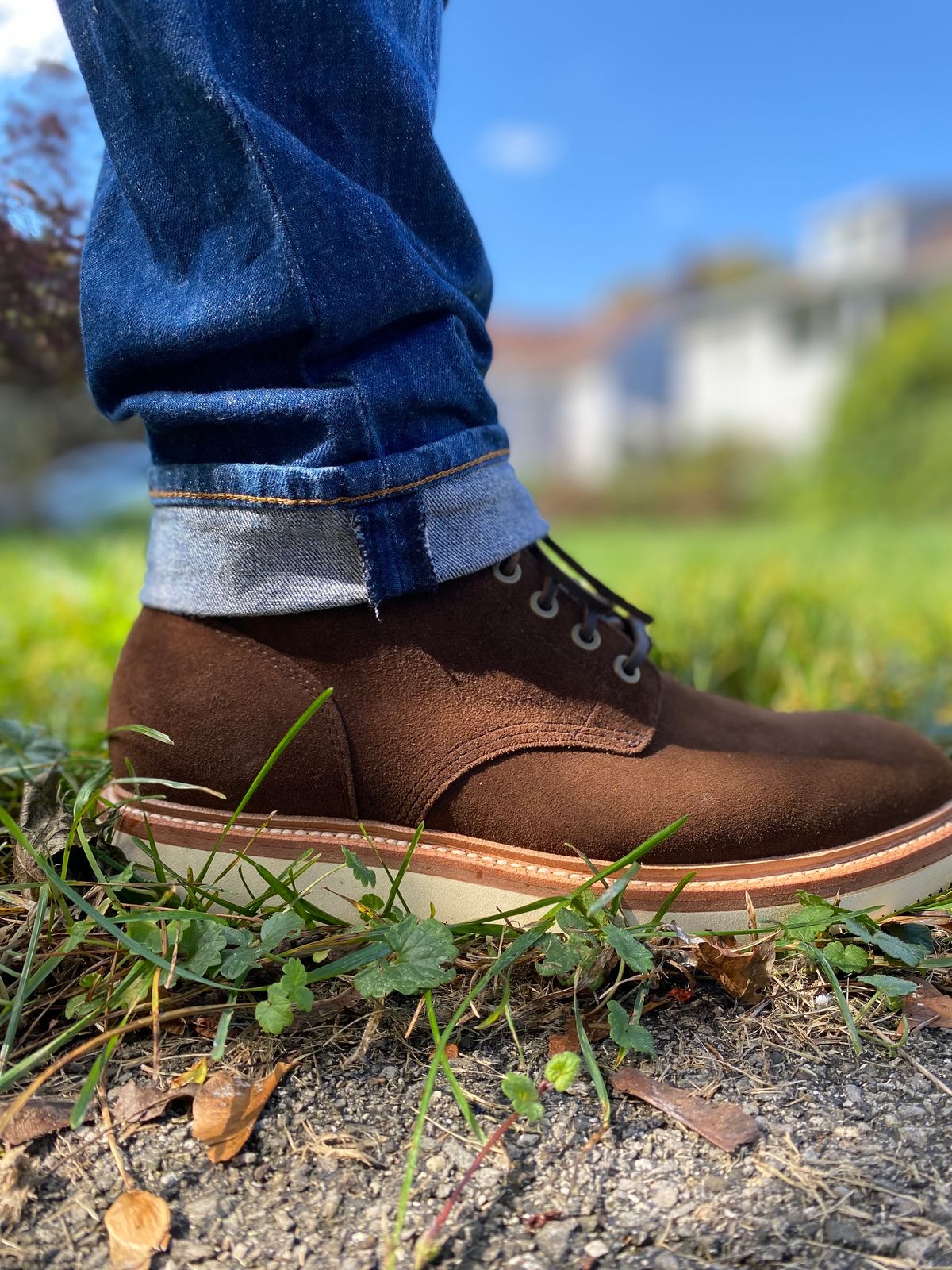 Photo by MaxPower on October 4, 2023 of the Grant Stone Diesel Boot in C.F. Stead Coffee Repello Calf Suede.