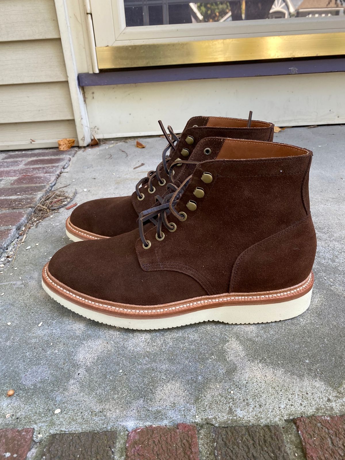Photo by MaxPower on October 4, 2023 of the Grant Stone Diesel Boot in C.F. Stead Coffee Repello Calf Suede.