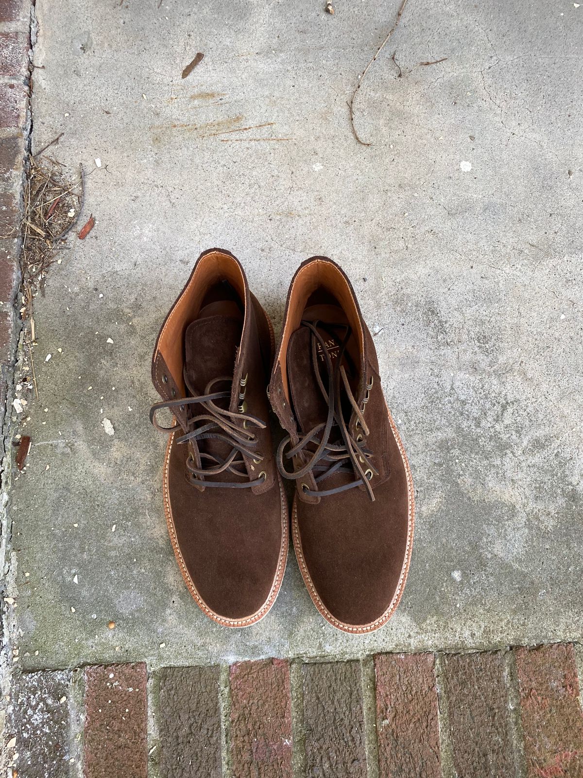 Photo by MaxPower on October 4, 2023 of the Grant Stone Diesel Boot in C.F. Stead Coffee Repello Calf Suede.