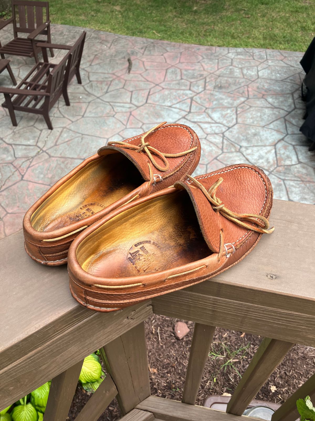 Photo by jbyer111 on July 23, 2025 of the Town View Ole Maine Comfort Classic Double Sole Moccasin in Unknown Top Grain Bullhide & Unknown Deerskin Lining.