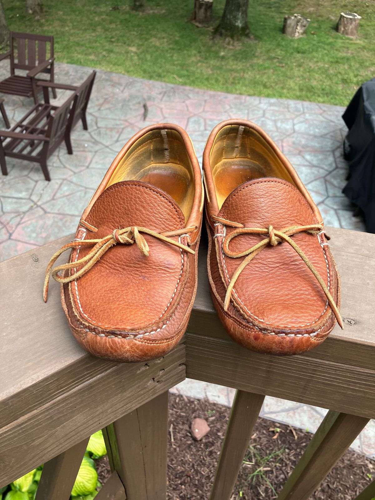 Photo by jbyer111 on July 23, 2025 of the Town View Ole Maine Comfort Classic Double Sole Moccasin in Unknown Top Grain Bullhide & Unknown Deerskin Lining.