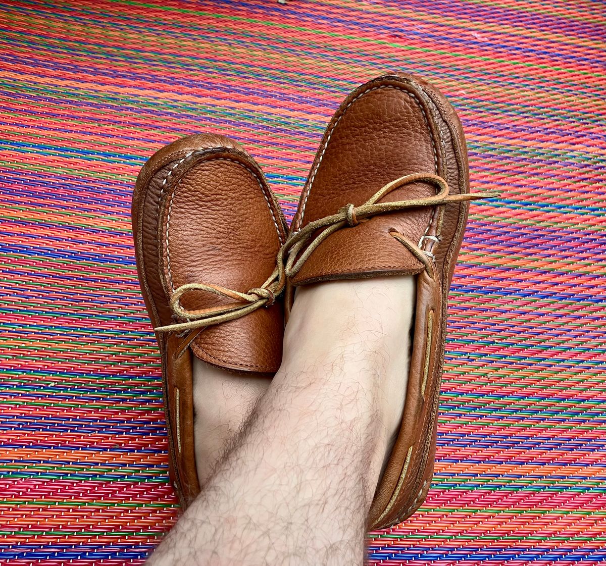 Photo by jbyer111 on August 5, 2025 of the Town View Ole Maine Comfort Classic Double Sole Moccasin in Unknown Top Grain Bullhide & Unknown Deerskin Lining.