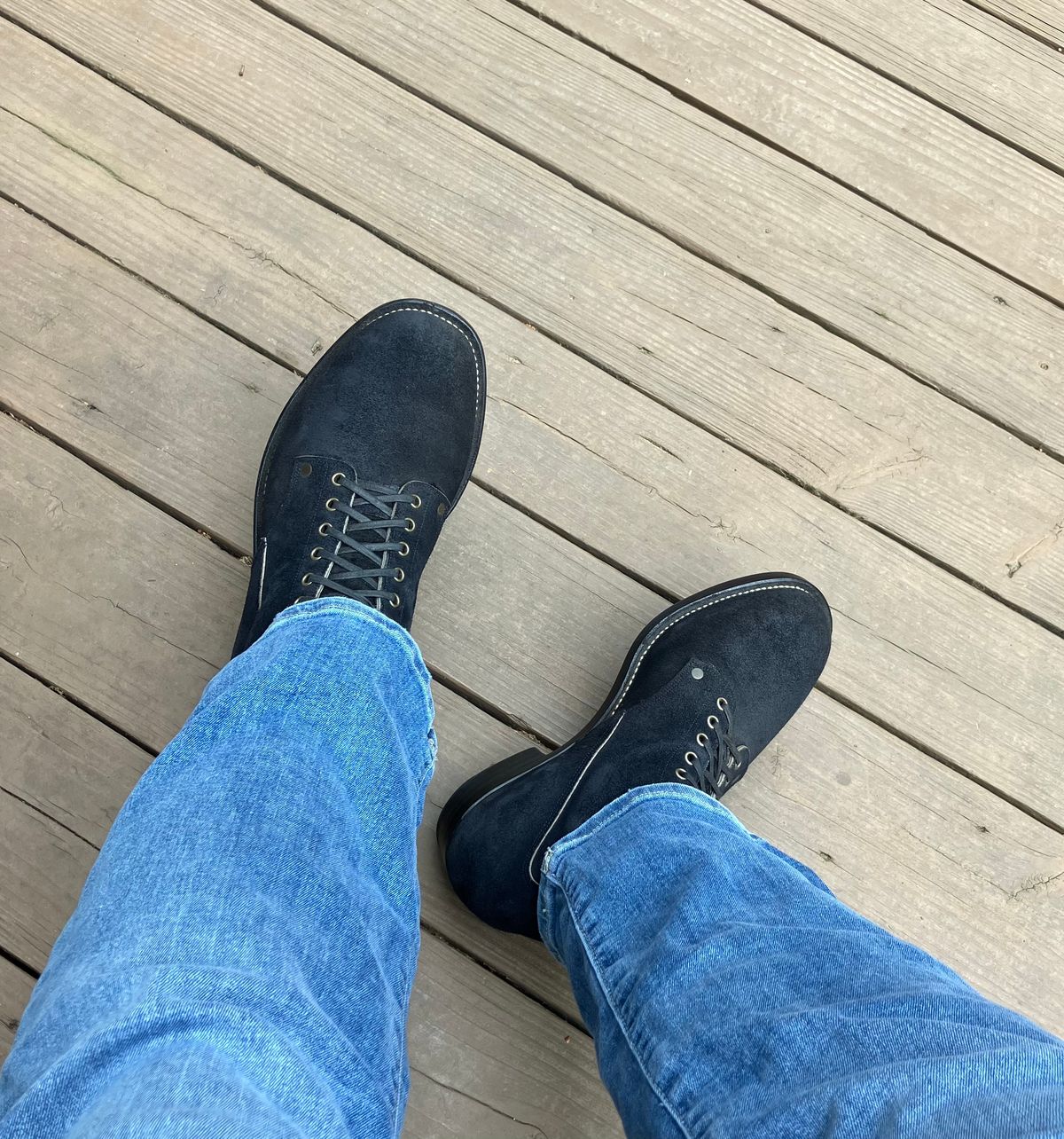 Photo by jbyer111 on June 5, 2025 of the NF Bootmaker Fritz Boot in Horween Navy Chamois Roughout.