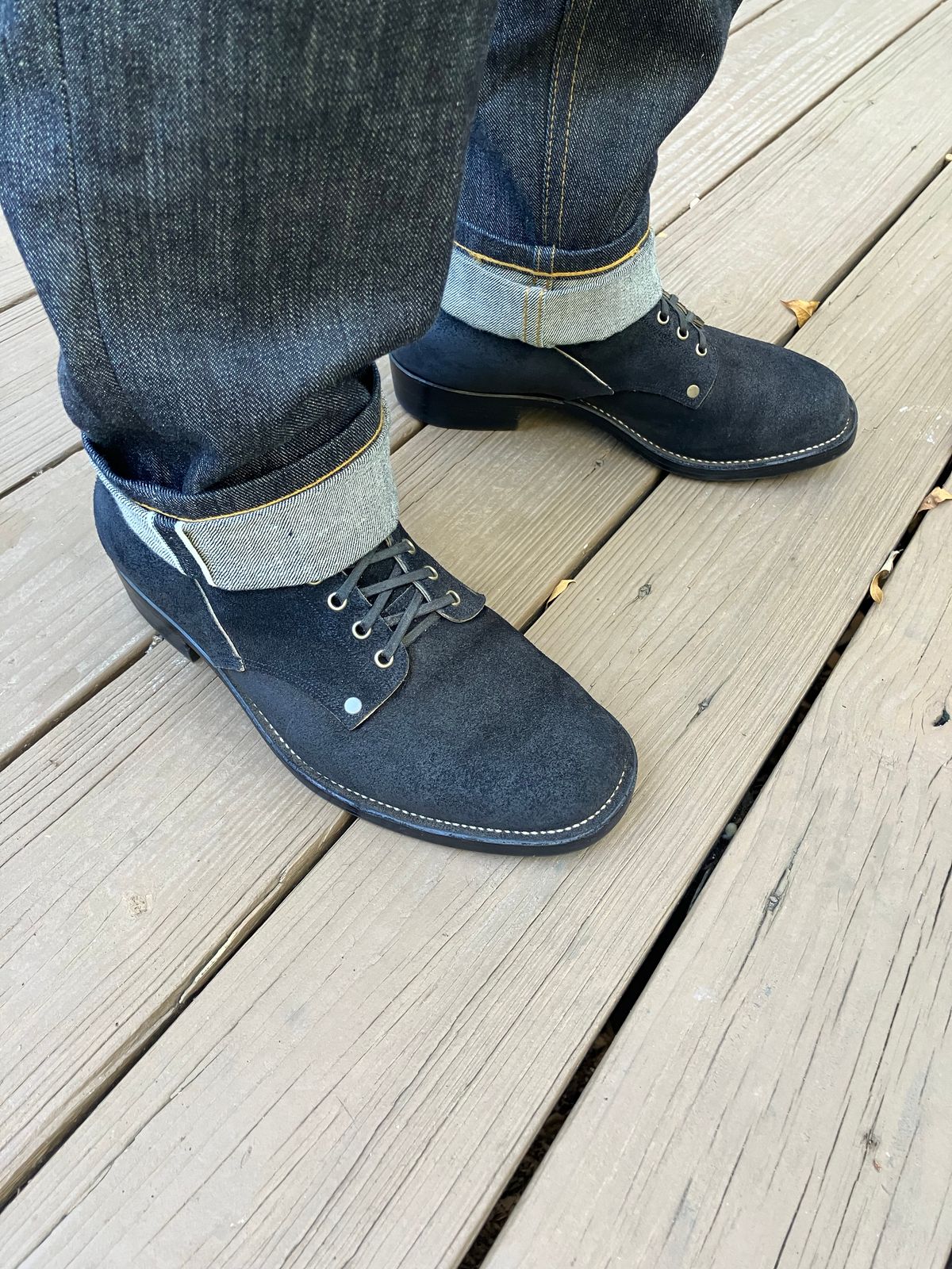 Photo by jbyer111 on October 9, 2025 of the NF Bootmaker Fritz Boot in Horween Navy Chamois Roughout.