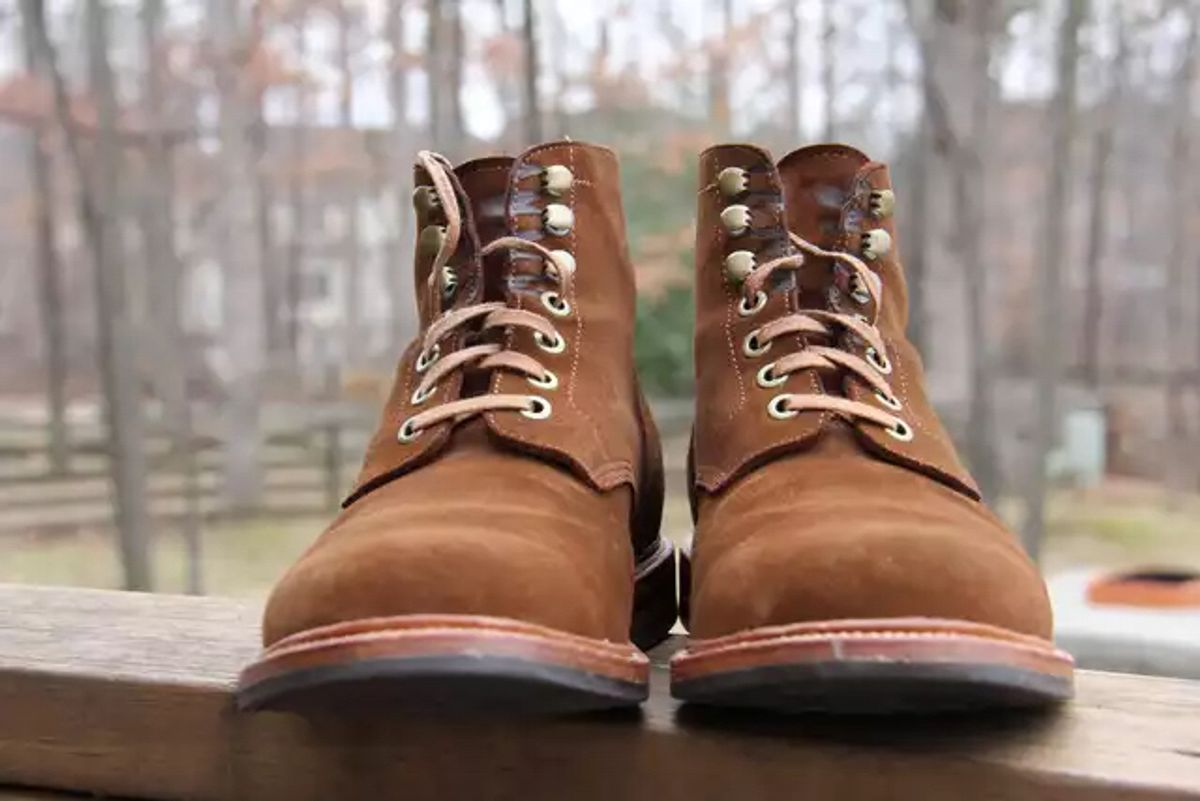 Photo by jbyer111 on January 30, 2023 of the Grant Stone Diesel Boot in C.F. Stead Bourbon Repello Calf Suede.