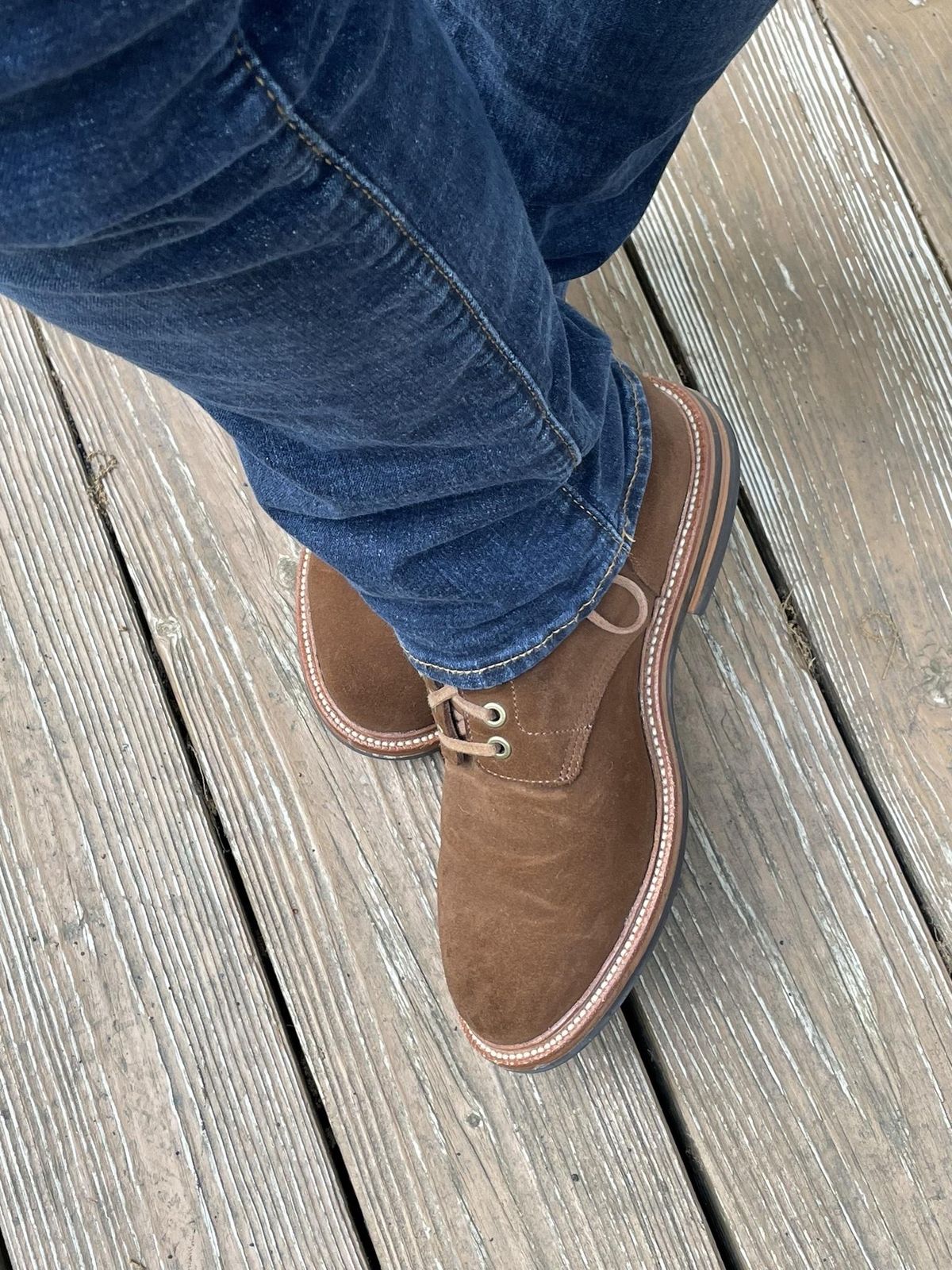 Photo by jbyer111 on May 24, 2023 of the Grant Stone Diesel Boot in C.F. Stead Bourbon Repello Calf Suede.