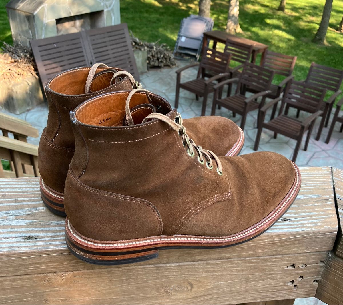 Photo by jbyer111 on June 13, 2024 of the Grant Stone Diesel Boot in C.F. Stead Bourbon Repello Calf Suede.