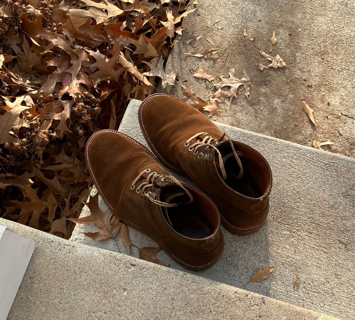 Photo by jbyer111 on November 19, 2024 of the Grant Stone Diesel Boot in C.F. Stead Bourbon Repello Calf Suede.
