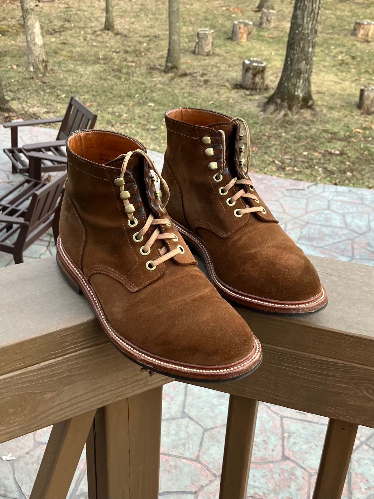 Photo by jbyer111 on March 12, 2025 of the Grant Stone Diesel Boot in C.F. Stead Bourbon Repello Calf Suede.