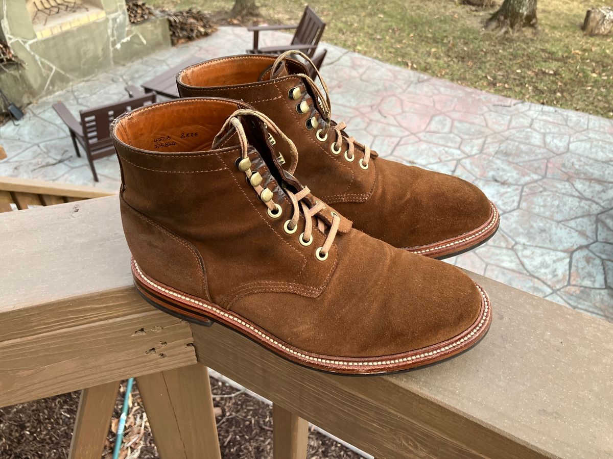 Photo by jbyer111 on March 12, 2025 of the Grant Stone Diesel Boot in C.F. Stead Bourbon Repello Calf Suede.