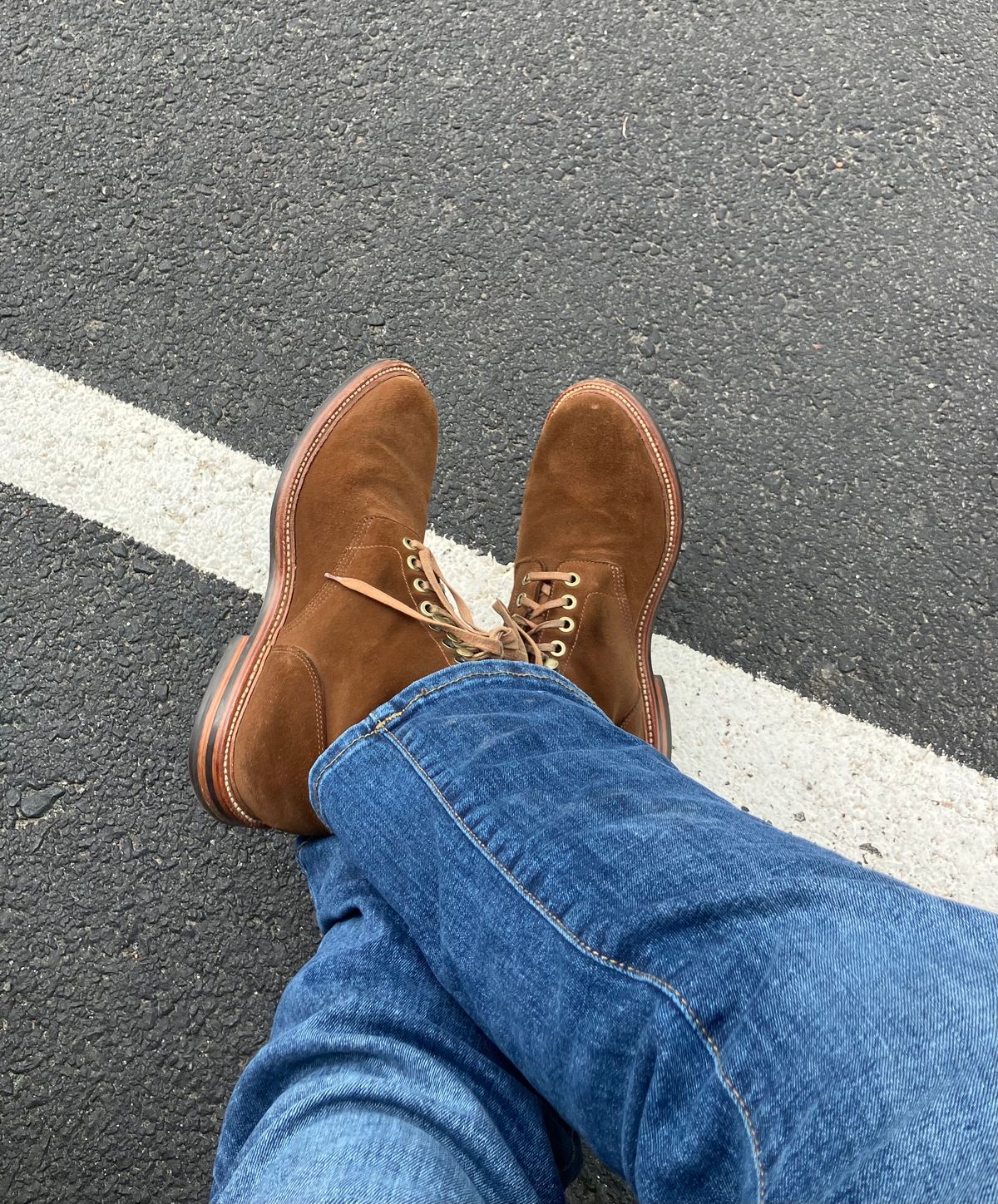 Photo by jbyer111 on May 1, 2025 of the Grant Stone Diesel Boot in C.F. Stead Bourbon Repello Calf Suede.