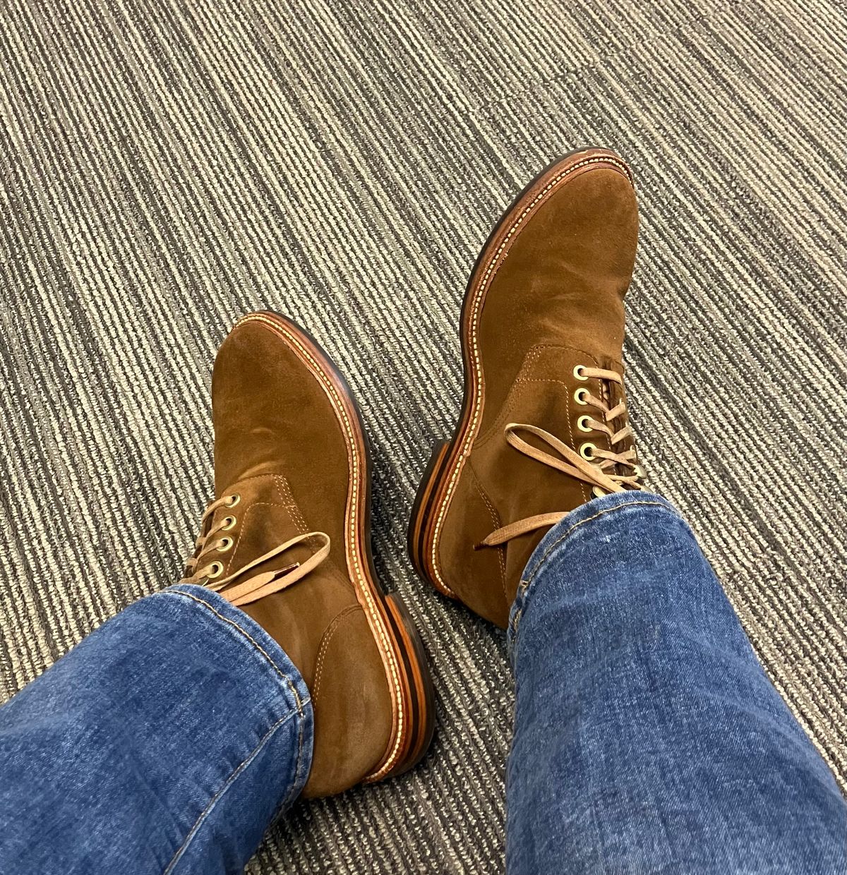 Photo by jbyer111 on October 15, 2025 of the Grant Stone Diesel Boot in C.F. Stead Bourbon Repello Calf Suede.