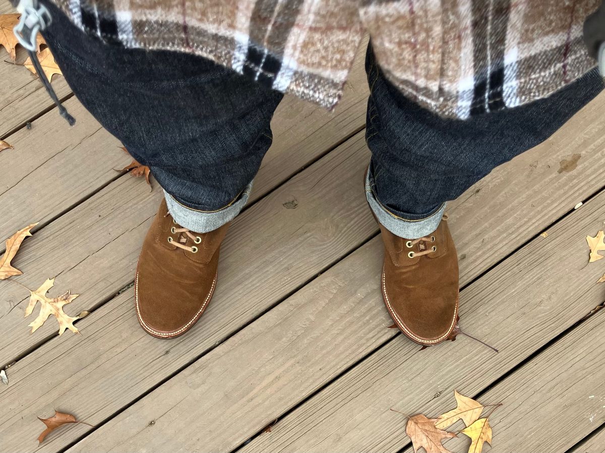 Photo by jbyer111 on November 10, 2025 of the Grant Stone Diesel Boot in C.F. Stead Bourbon Repello Calf Suede.