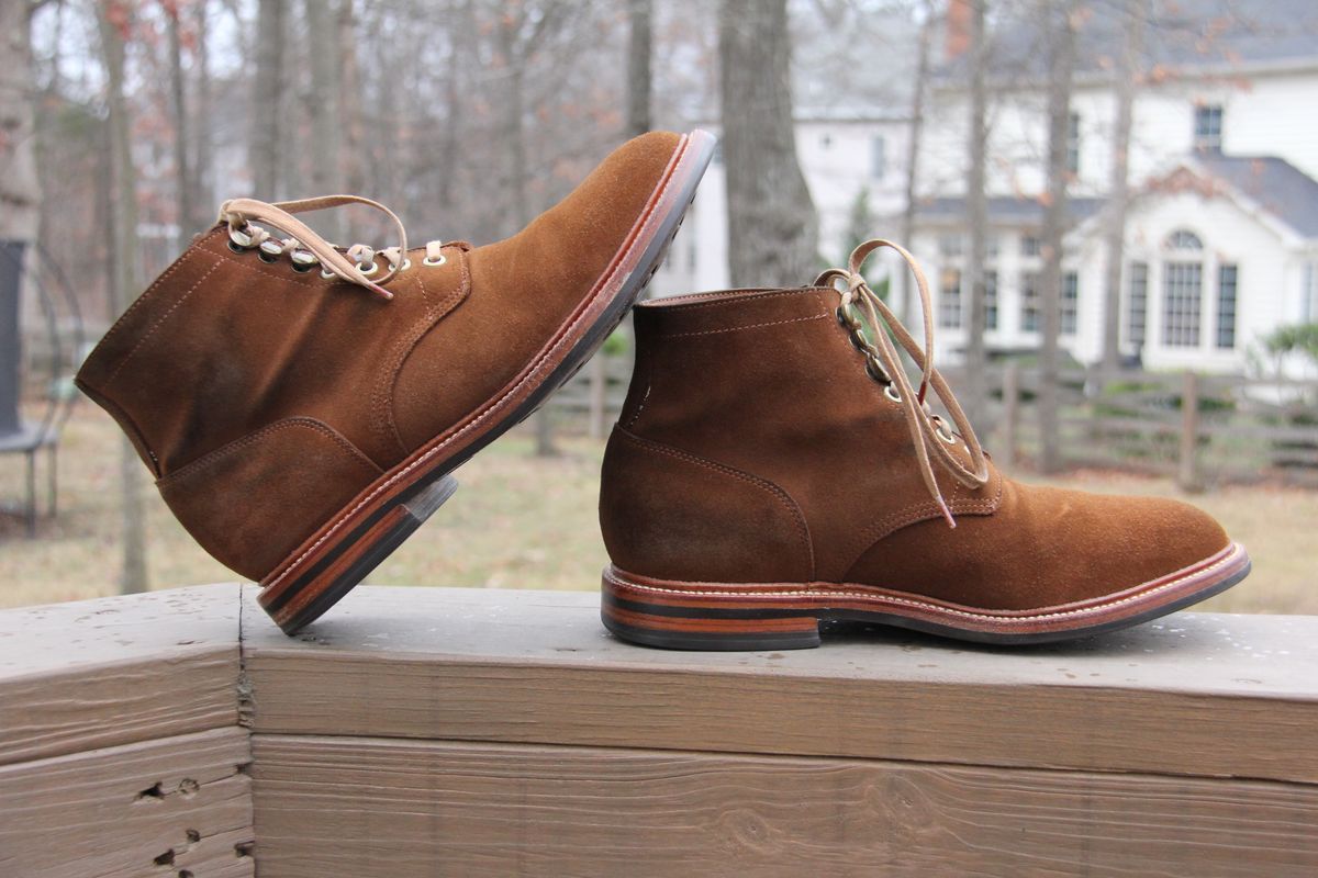 Photo by jbyer111 on December 29, 2025 of the Grant Stone Diesel Boot in C.F. Stead Bourbon Repello Calf Suede.