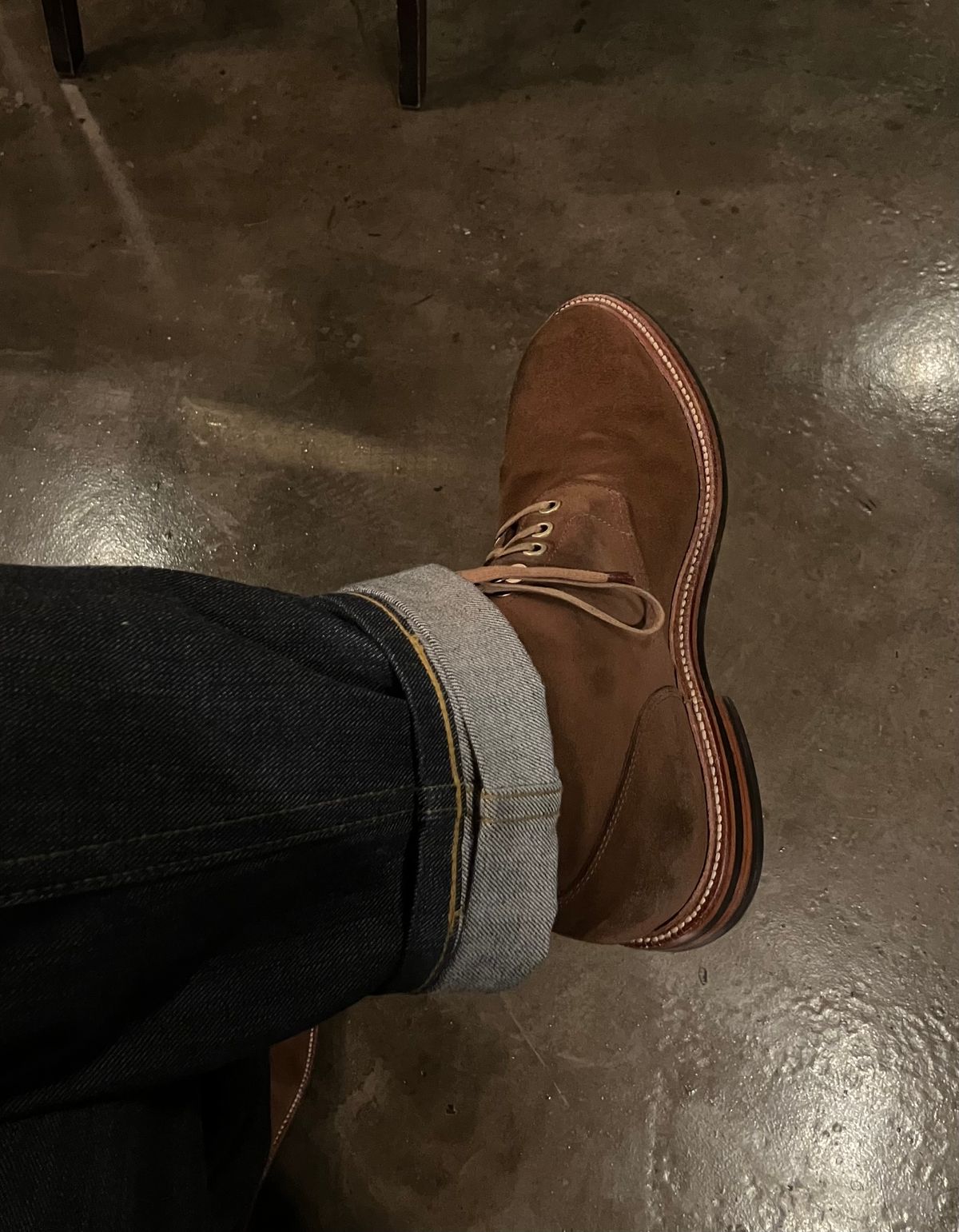 Photo by jbyer111 on February 1, 2026 of the Grant Stone Diesel Boot in C.F. Stead Bourbon Repello Calf Suede.