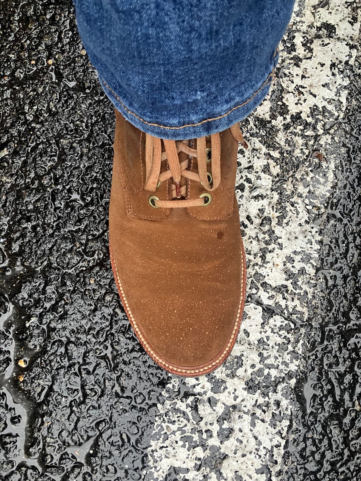 Photo by jbyer111 on March 3, 2026 of the Grant Stone Diesel Boot in C.F. Stead Bourbon Repello Calf Suede.