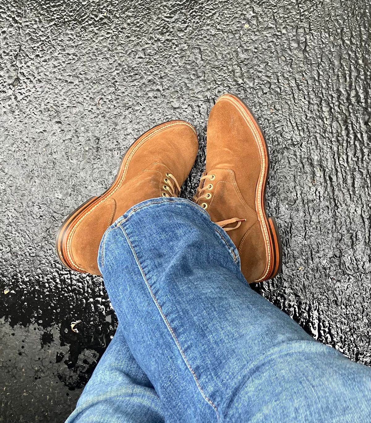 Photo by jbyer111 on May 11, 2026 of the Grant Stone Diesel Boot in C.F. Stead Bourbon Repello Calf Suede.