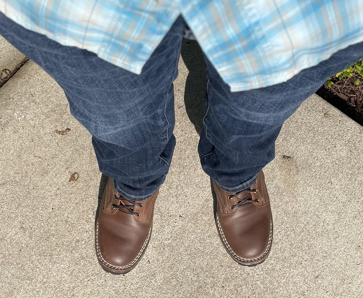 Photo by jbyer111 on May 8, 2023 of the Nicks Urban Logger in Horween Natural Waxed Flesh.