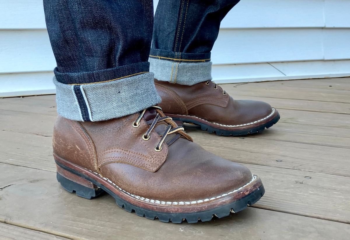 Photo by jbyer111 on December 8, 2024 of the Nicks Urban Logger in Horween Natural Waxed Flesh.