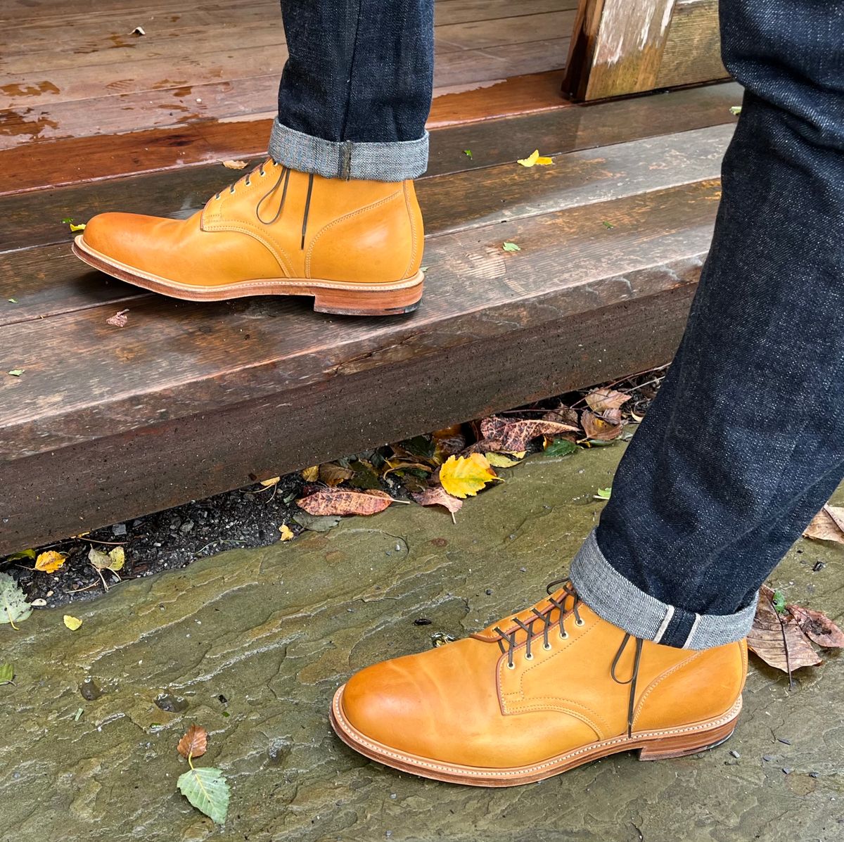 Photo by tbriggscook on October 5, 2022 of the Viberg Officer Boot in Shinki Camel Latigo Horsehide.