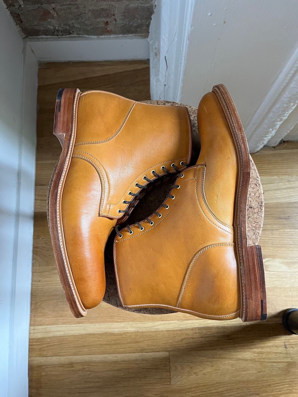 Photo by tbriggscook on October 5, 2022 of the Viberg Officer Boot in Shinki Camel Latigo Horsehide.