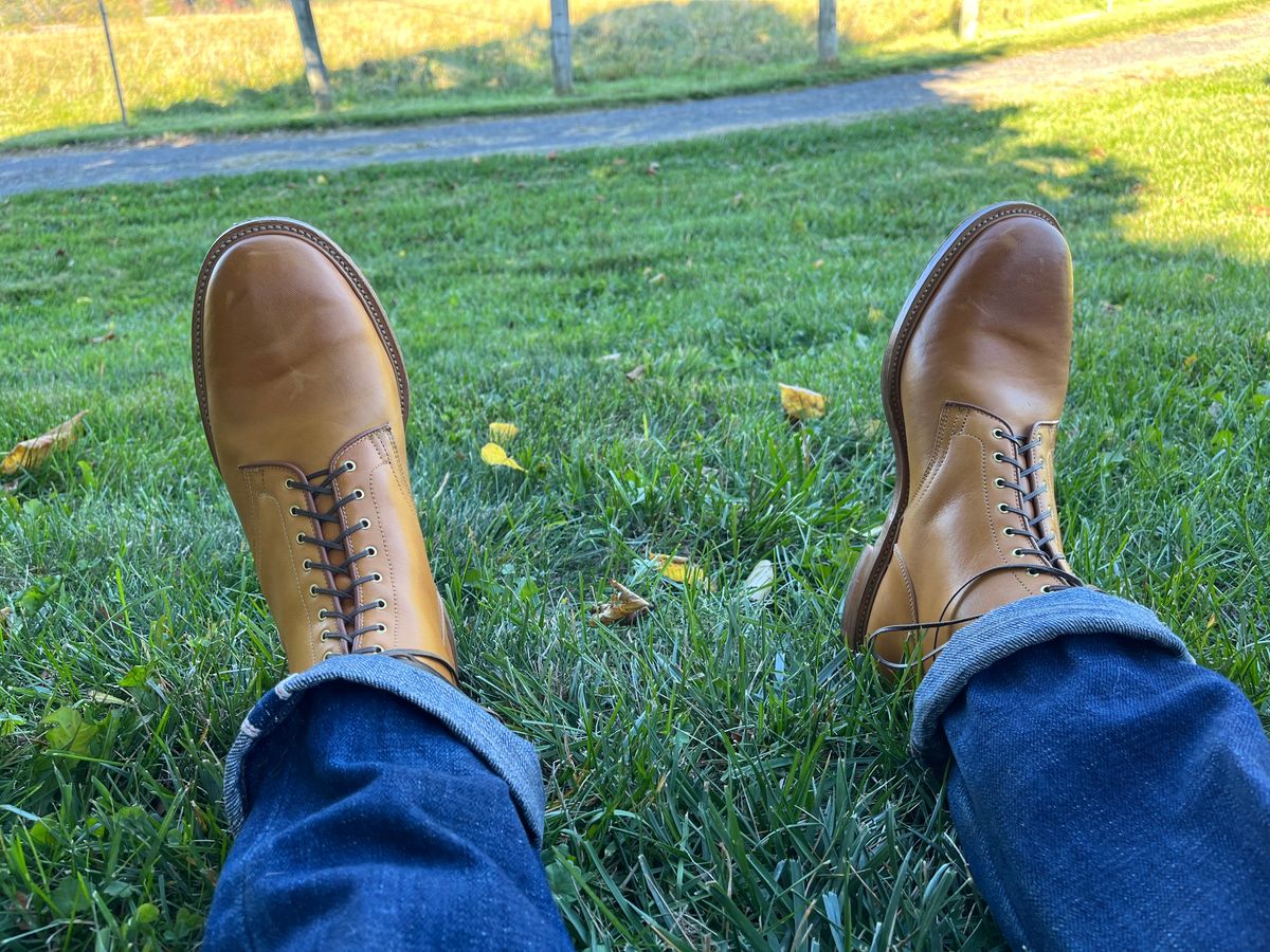 Photo by tbriggscook on December 6, 2022 of the Viberg Officer Boot in Shinki Camel Latigo Horsehide.
