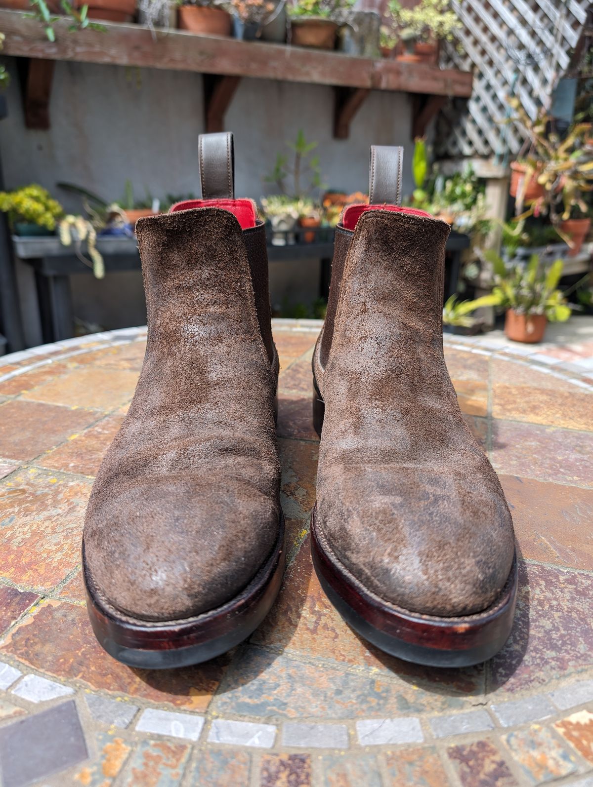 Photo by Dodgers78 on April 5, 2024 of the Benzein The Seventh Chelsea Boot in Indonesian Dark Brown Waxed Flesh.