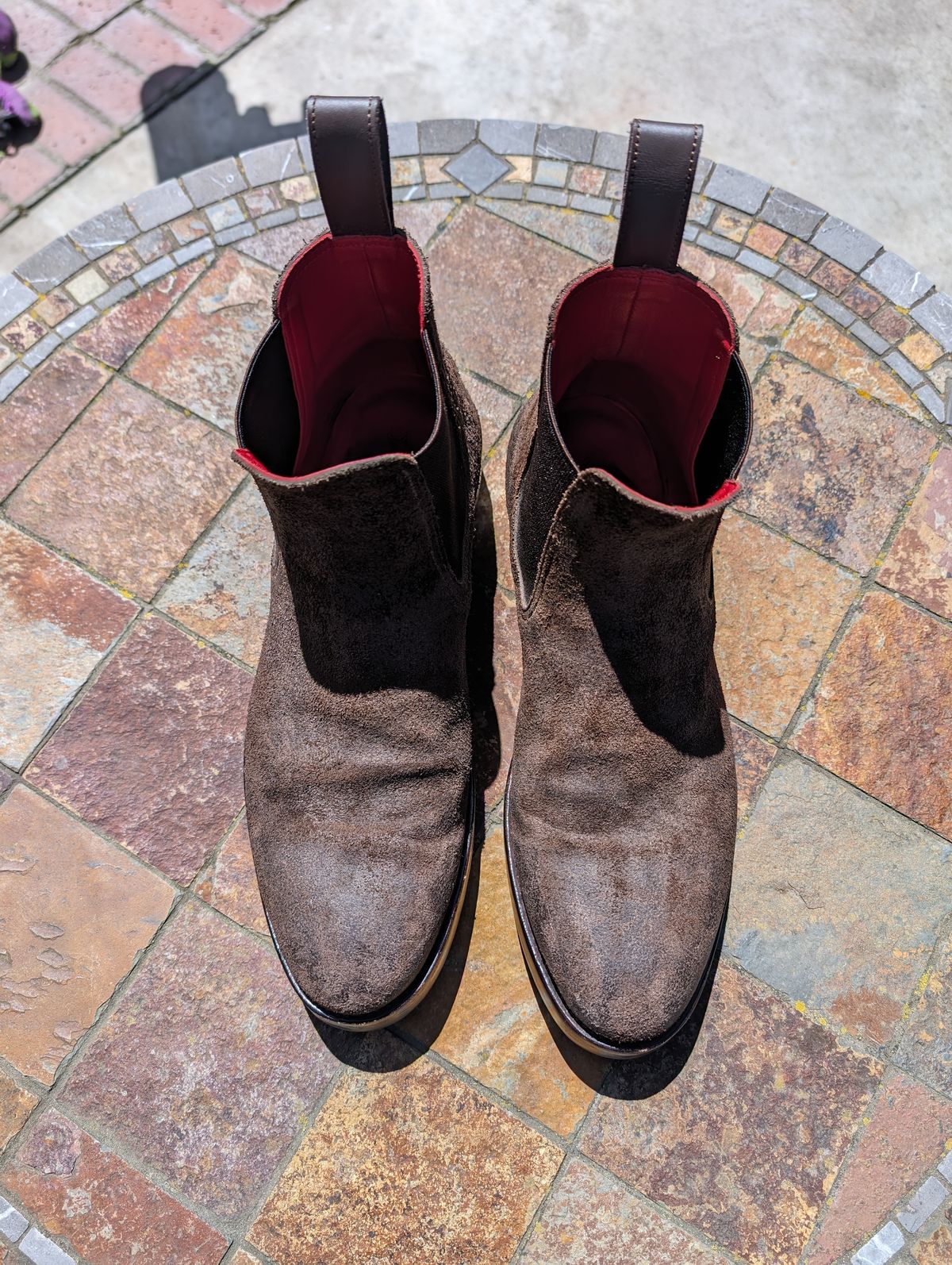 Photo by Dodgers78 on April 5, 2024 of the Benzein The Seventh Chelsea Boot in Indonesian Dark Brown Waxed Flesh.