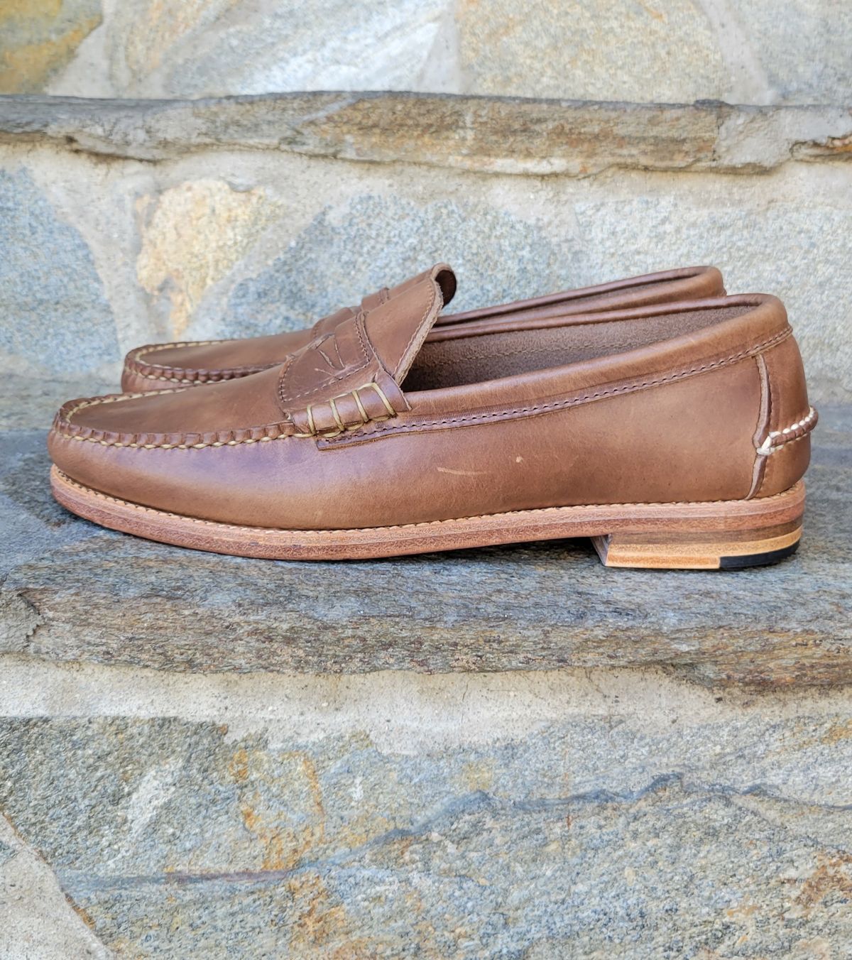 Photo by Dodgers78 on October 4, 2023 of the Rancourt & Co. Beefroll Penny Loafers in Horween Natural Chromexcel.