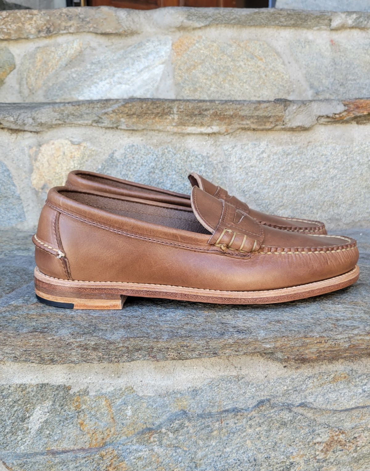 Photo by Dodgers78 on October 4, 2023 of the Rancourt & Co. Beefroll Penny Loafers in Horween Natural Chromexcel.